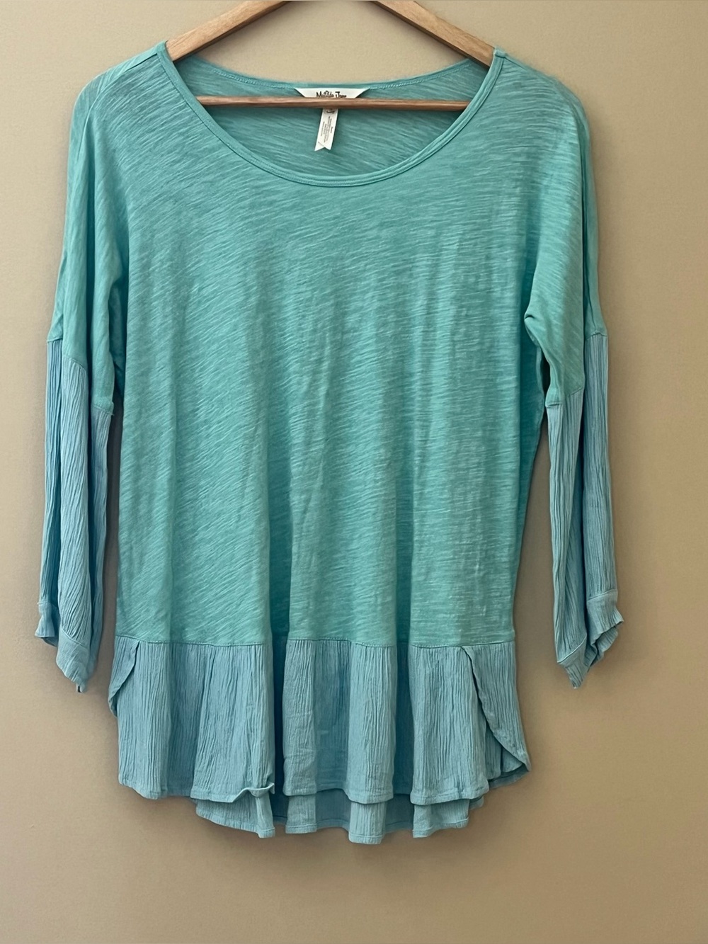 Matilda Jane Women’s Blue 3/4 Sleeve Slub Ruffle Bottom Top Blouse Shirt Size S